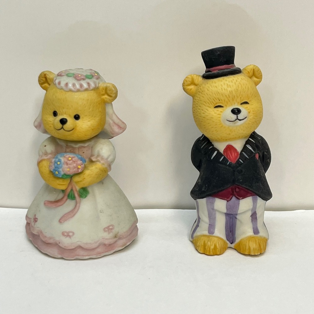 Vintage Porcelain Bisque Teddy Bear Wedding Bride and Groom Figurines Set of 2